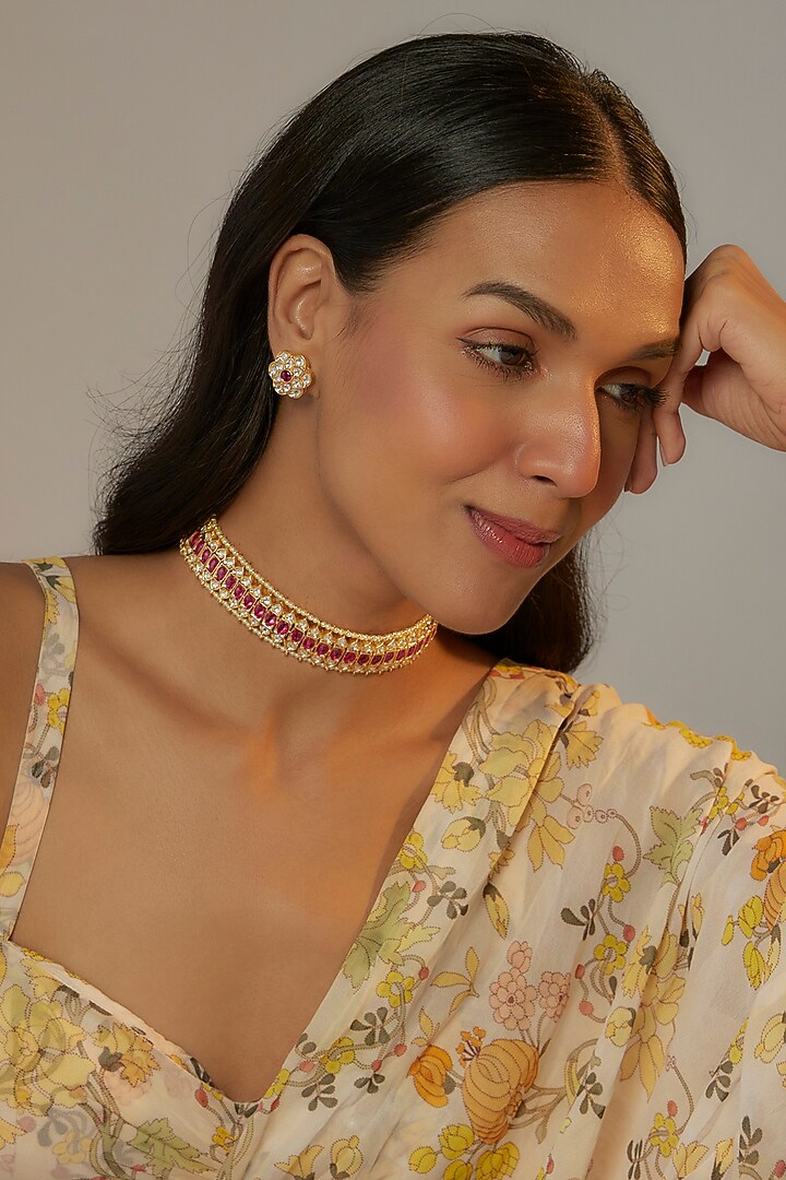 Gold Finish Red Kundan Polki & Red Stones Choker Necklace Set by Vivinia By Vidhi Mehra at Pernia's Pop Up Shop