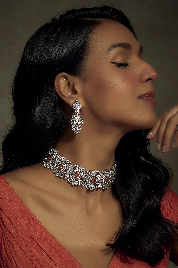 White Finish Zircon Choker Necklace Set by Vivinia By Vidhi Mehra at Pernia's Pop Up Shop