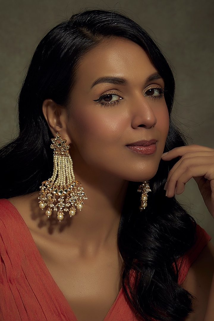 Gold Finish Kundan Polki Dangler Earrings by Vivinia By Vidhi Mehra at Pernia's Pop Up Shop