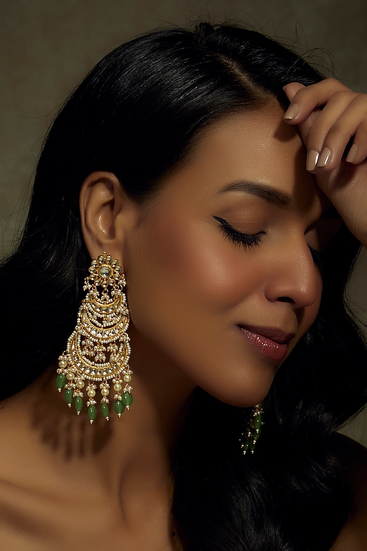 Gold Finish Kundan Polki & Green Stone Dangler Earrings by Vivinia By Vidhi Mehra at Pernia's Pop Up Shop