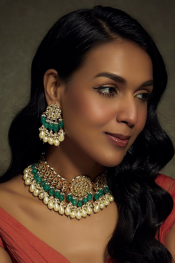 Gold Finish Kundan Polki & Green Beaded Choker Necklace Set by Vivinia By Vidhi Mehra at Pernia's Pop Up Shop