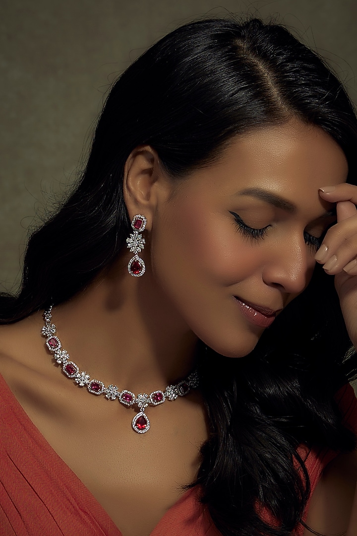 White Finish Zircon Necklace Set by Vivinia By Vidhi Mehra at Pernia's Pop Up Shop