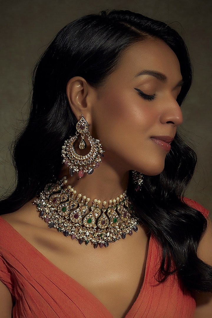 Gold Finish Navratan Kundan Polki Choker Necklace Set by Vivinia By Vidhi Mehra at Pernia's Pop Up Shop