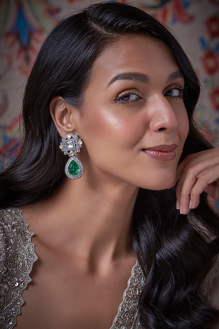 Oxidised Finish Zircon & Kundan Polki Dangler Earrings by Vivinia By Vidhi Mehra at Pernia's Pop Up Shop