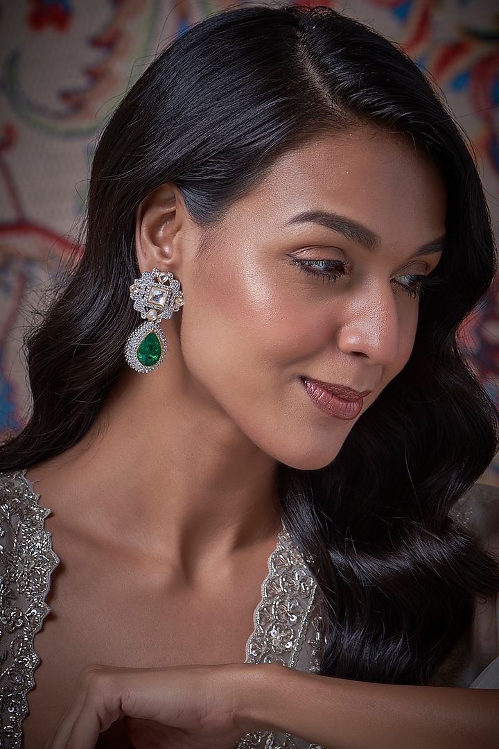 White Finish Zircon & Kundan Polki Dangler Earrings by Vivinia By Vidhi Mehra at Pernia's Pop Up Shop