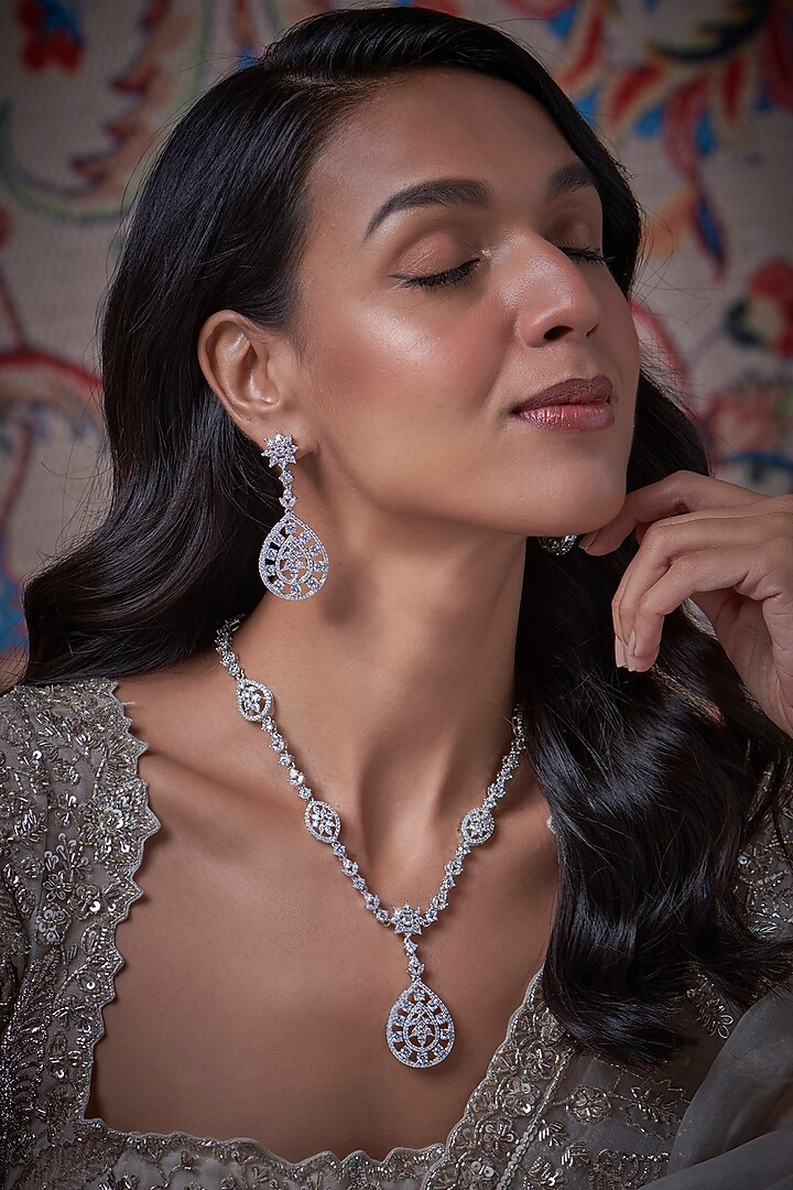 White Finish Zircon Necklace Set by Vivinia By Vidhi Mehra at Pernia's Pop Up Shop