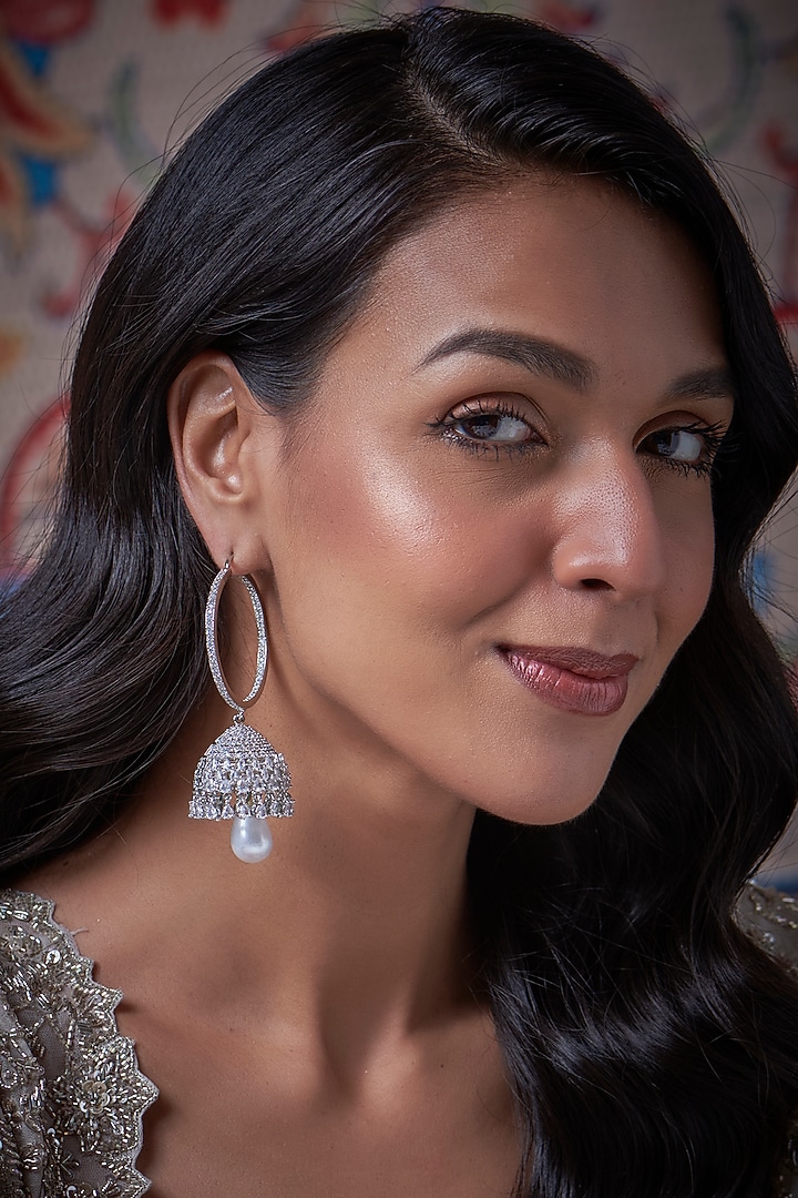 White Finish Zircon Hoop Earrings by Vivinia By Vidhi Mehra at Pernia's Pop Up Shop