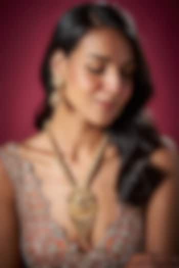 Gold Finish Kundan Polki Temple Long Necklace Set by Vivinia By Vidhi Mehra at Pernia's Pop Up Shop