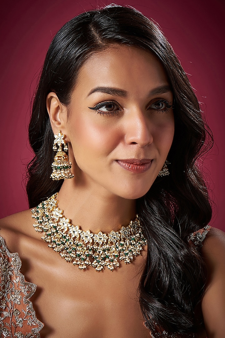 Gold Finish Kundan Polki & Green Beaded Choker Necklace Set by Vivinia By Vidhi Mehra
