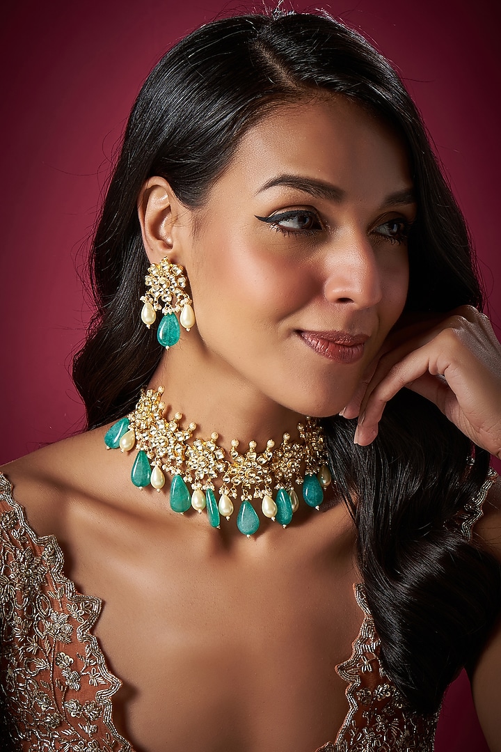 Gold Finish Kundan Polki & Green Beaded Choker Necklace Set by Vivinia By Vidhi Mehra at Pernia's Pop Up Shop
