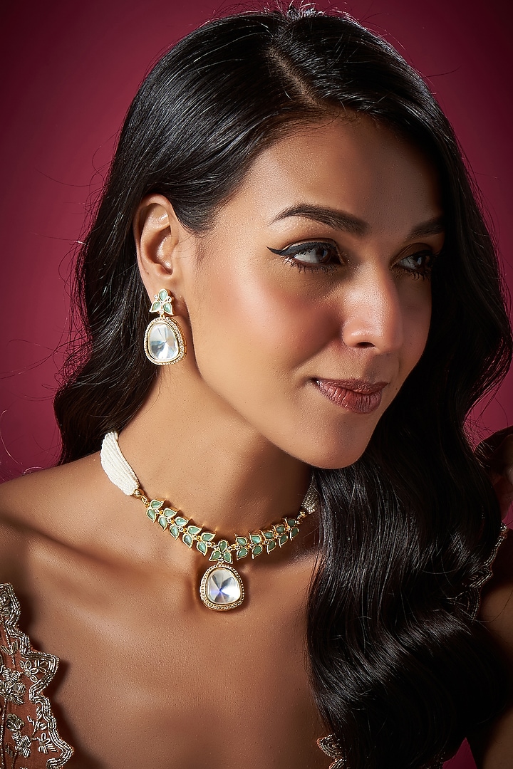Gold Finish Kundan Polki & Zircon Necklace Set by Vivinia By Vidhi Mehra at Pernia's Pop Up Shop