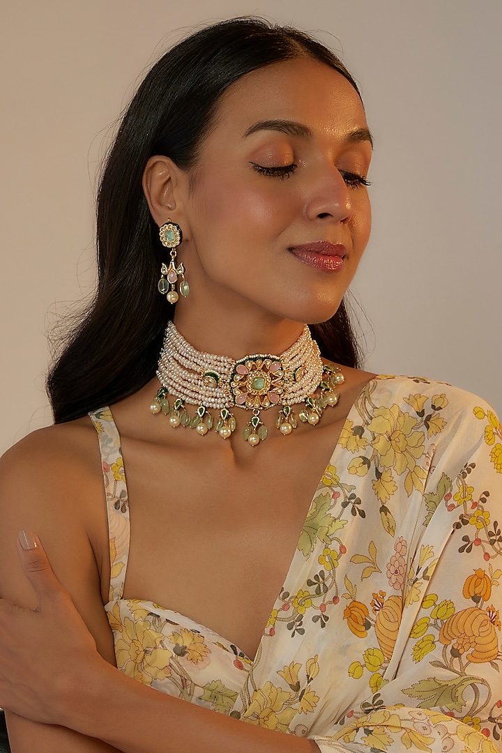 Gold Finish Kundan Polki Choker Necklace Set by Vivinia By Vidhi Mehra
