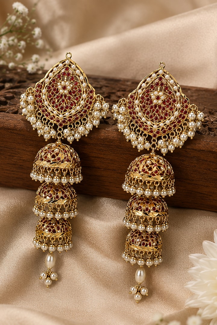 Gold Plated Maroon Stone & Pearl Fringe Layered Jhumka Earrings by Vivinia By Vidhi Mehra at Pernia's Pop Up Shop