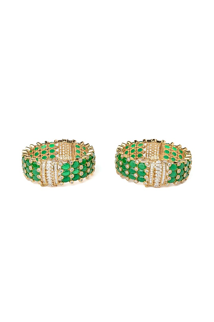 Gold Finish Kundan Polki & Green Stone Bangles (Set Of 2) by Vivinia By Vidhi Mehra at Pernia's Pop Up Shop