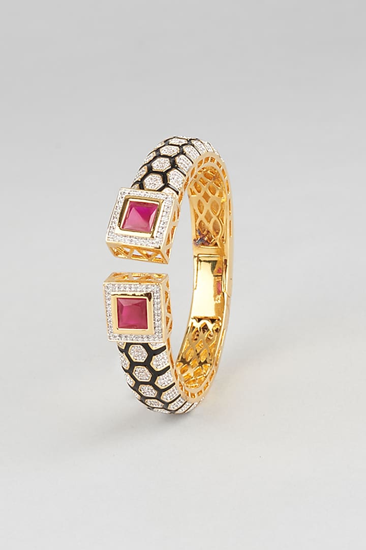 Gold Finish Zircon & Ruby Stone Kada by Vivinia By Vidhi Mehra at Pernia's Pop Up Shop