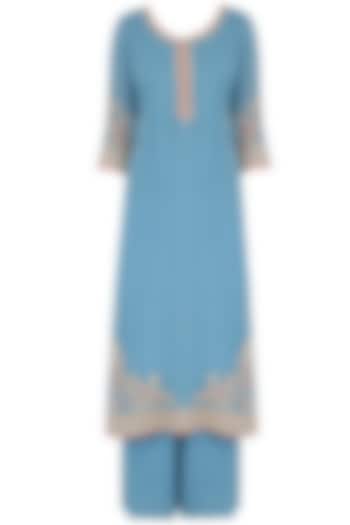 Blue Sequins Embroidered Kurta and Pants Set by Virsa