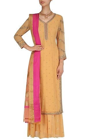 Orange Zardozi Embroidered Kurta and Palazzo Pants Set by Virsa