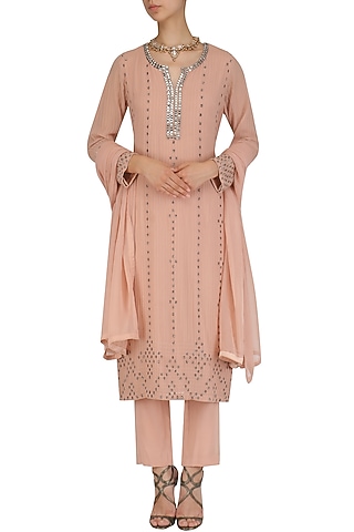 Pink Bead Embroidered Kurta and Narrow Pants Set by Virsa