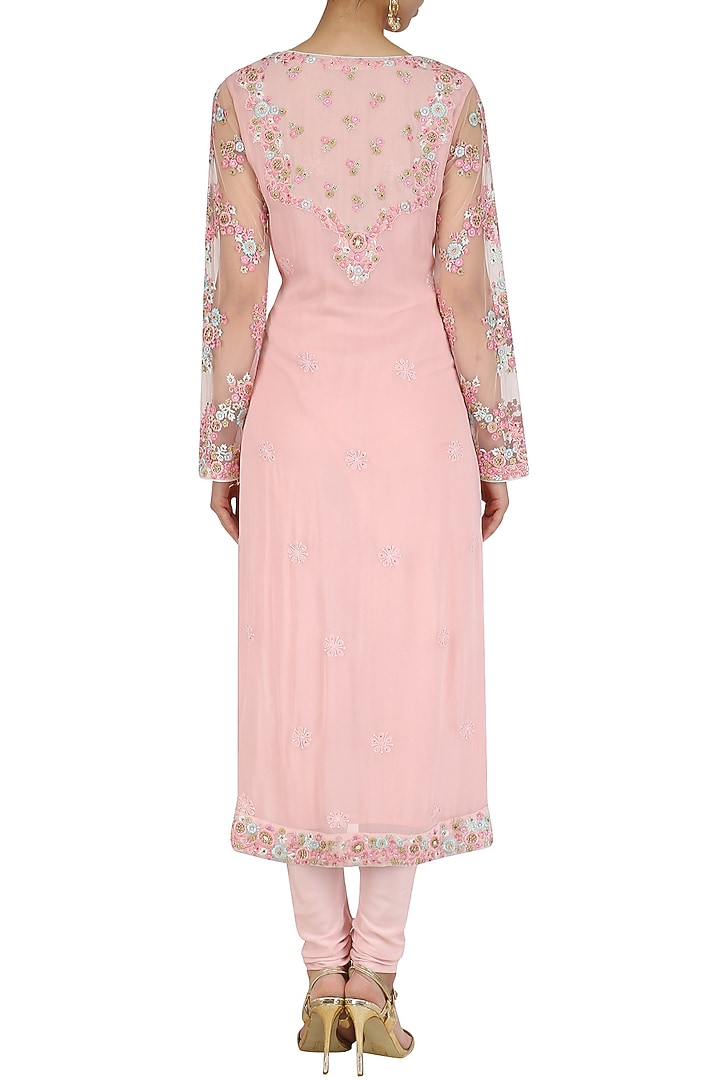 Pink floral embroidered and mukaish work kurta set available only at Pernia's Pop Up Shop.