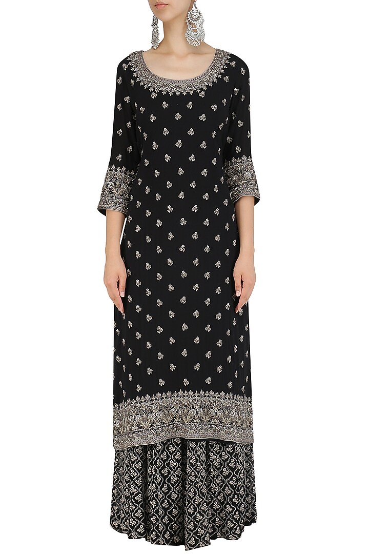 Black sequins emrboidered kurta and sharara pants set available only at Pernia's Pop Up Shop.