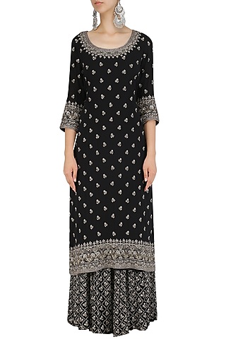 Black Sequins Emrboidered Kurta and Sharara Pants Set by Virsa
