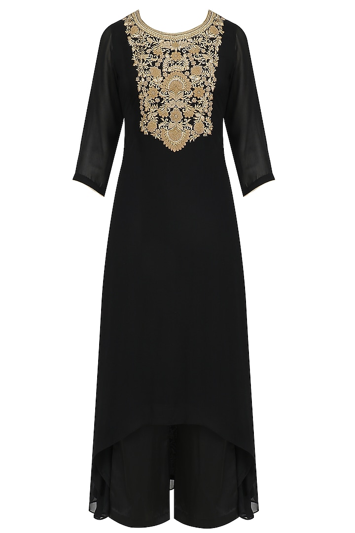 Black and Gold Floral Embroidered Kurta and Pants Set by Virsa