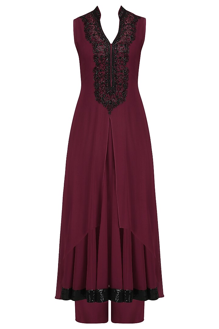Wine and black sequins embroidered double layered kurta set available only at Pernia's Pop Up Shop.