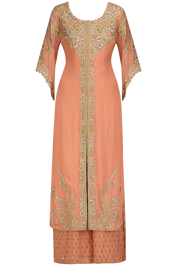 Peach Floral Embroidered Kurta and Pants Set by Virsa