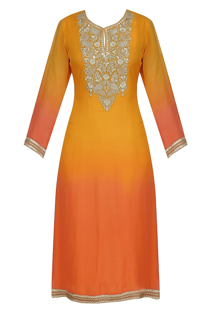 Peach and Silver Lurex Floral Embroidered Kurta by Virsa