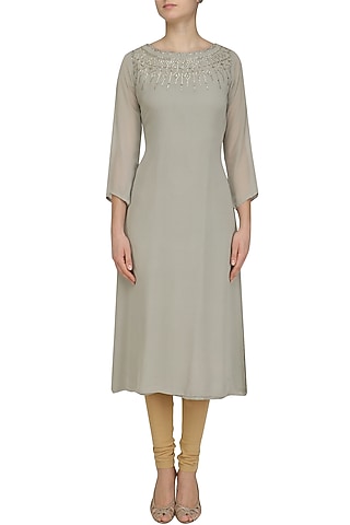 Grey Swarovski Work Asymmetrical Kurta by Virsa