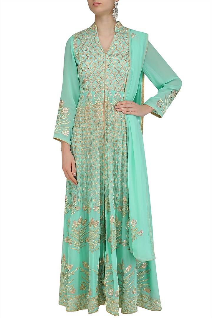 Teal blue floral embroidered anarkali and pants set available only at Pernia's Pop Up Shop.