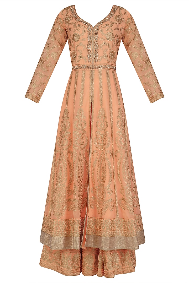 Peach Floral Embroidered Anarkali and Skirt Set by Virsa
