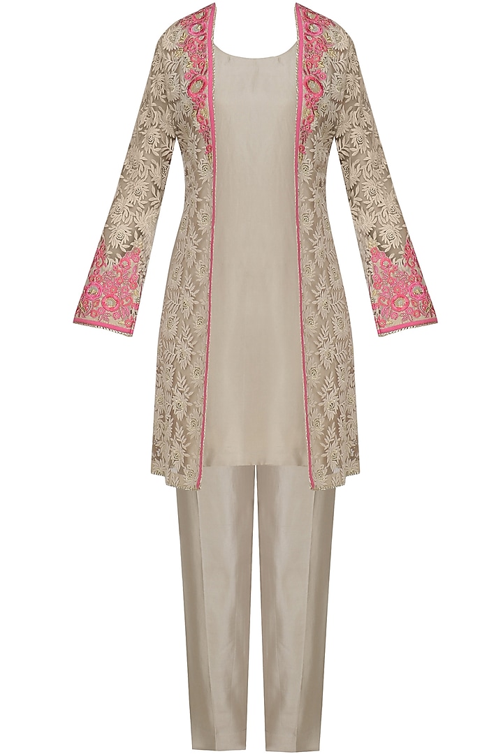 Beige and Pink Floral Embroidered Jacket, Tunic and Pants Set by Virsa