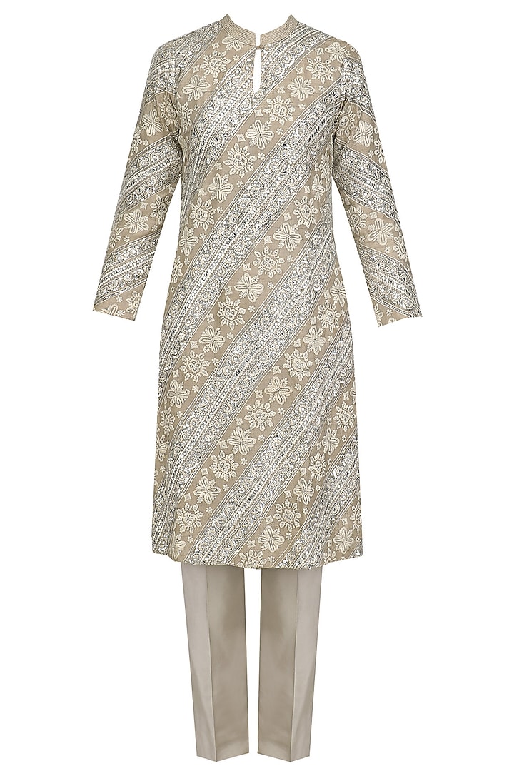 Beige floral embroidered kurta and pants set available only at Pernia's Pop Up Shop.
