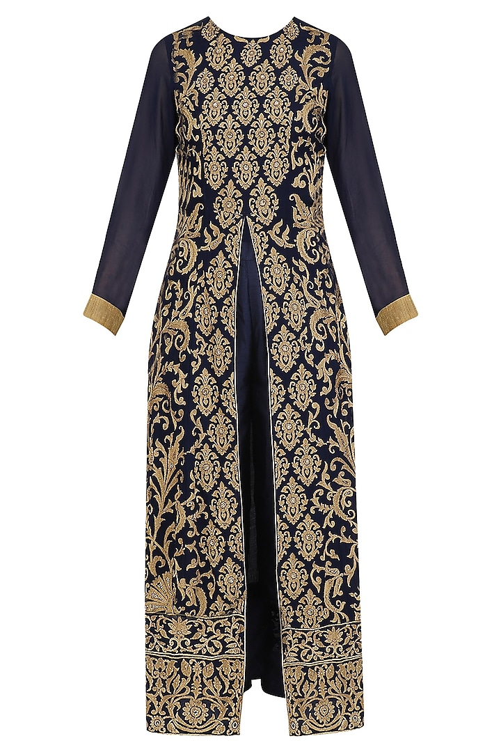 Navy Blue Front Open Floral Kurta and Pants Set by Virsa