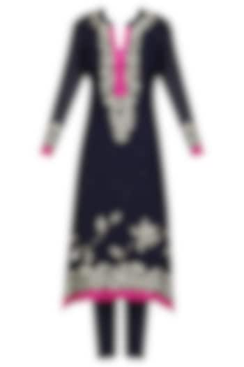 Navy Blue Floral Embroidered Kurta and Pants Set by Virsa
