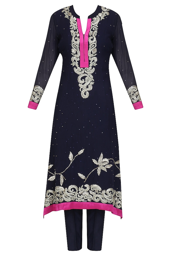 Navy Blue Floral Embroidered Kurta and Pants Set by Virsa