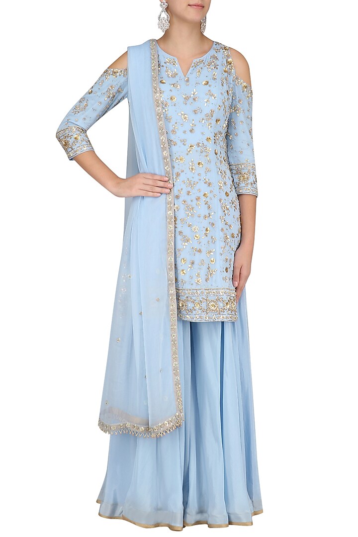 Blue embroidered short kurta with sharara pants set available only at Pernia's Pop Up Shop.