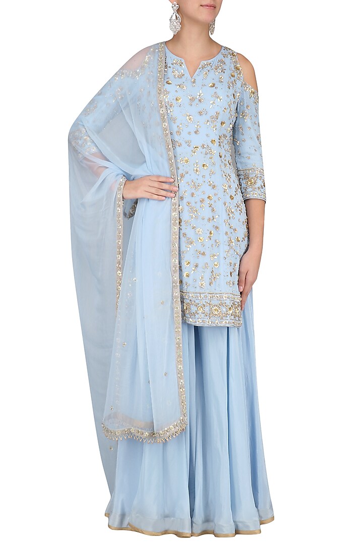 Blue embroidered short kurta with sharara pants set available only at Pernia's Pop Up Shop.