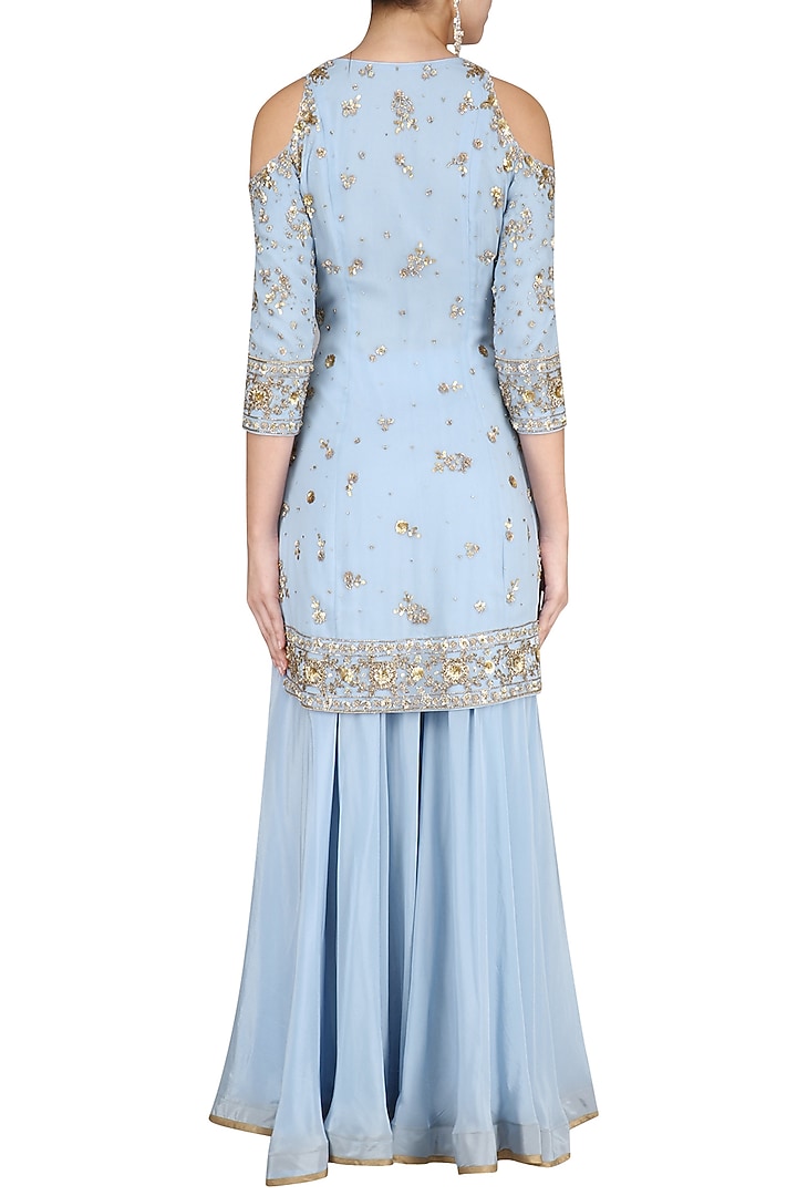 Blue embroidered short kurta with sharara pants set available only at Pernia's Pop Up Shop.
