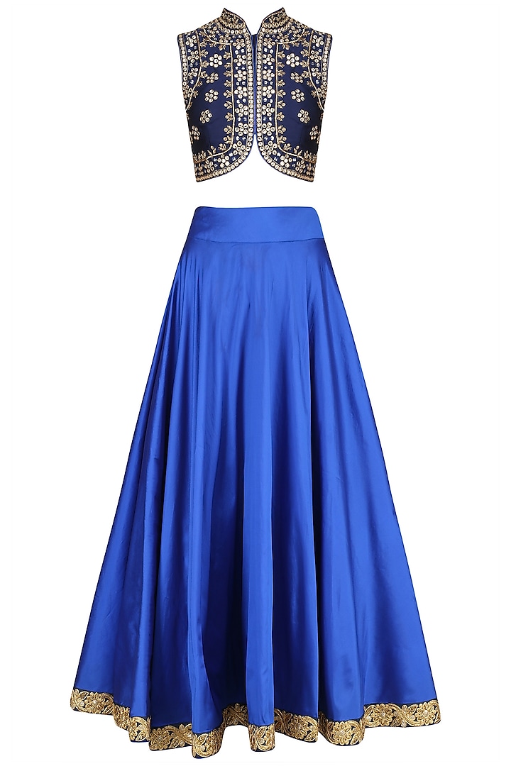 Navy Blue Embroidered Blouse and Lehenga by Virsa