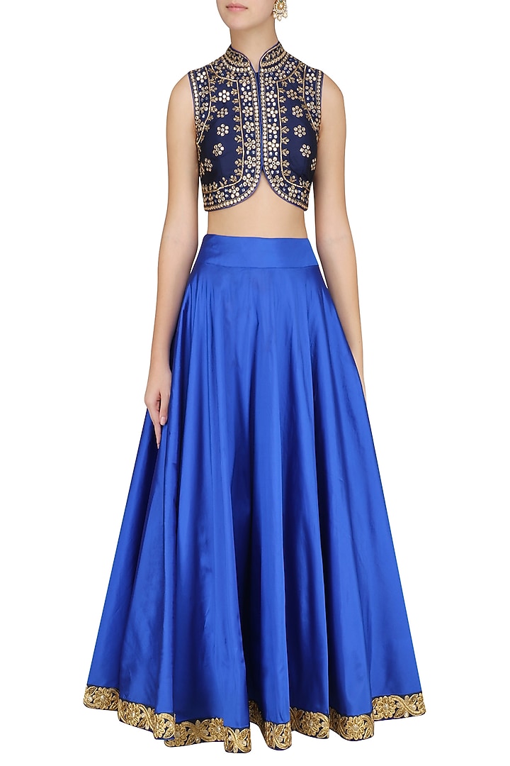 Navy blue embroidered blouse and lehenga available only at Pernia's Pop Up Shop.