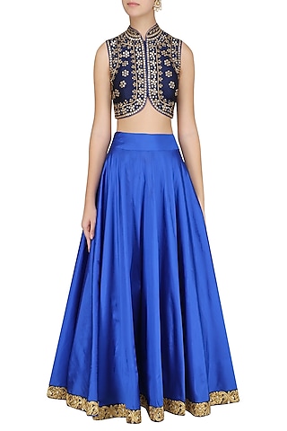 Navy Blue Embroidered Blouse and Lehenga by Virsa
