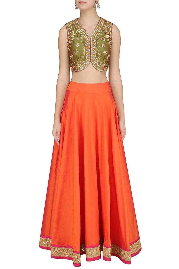 Green embroidered blouse and lehenga available only at Pernia's Pop Up Shop.