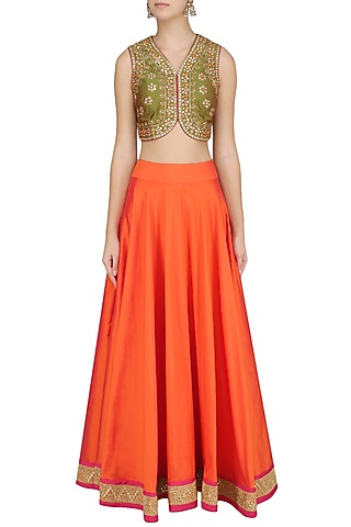 Green Embroidered Blouse and Lehenga by Virsa