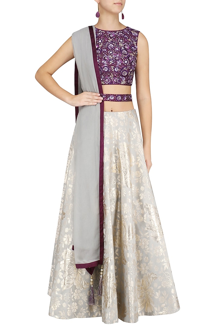 Purple and grey sequins embroidered lehenga set available only at Pernia's Pop Up Shop.