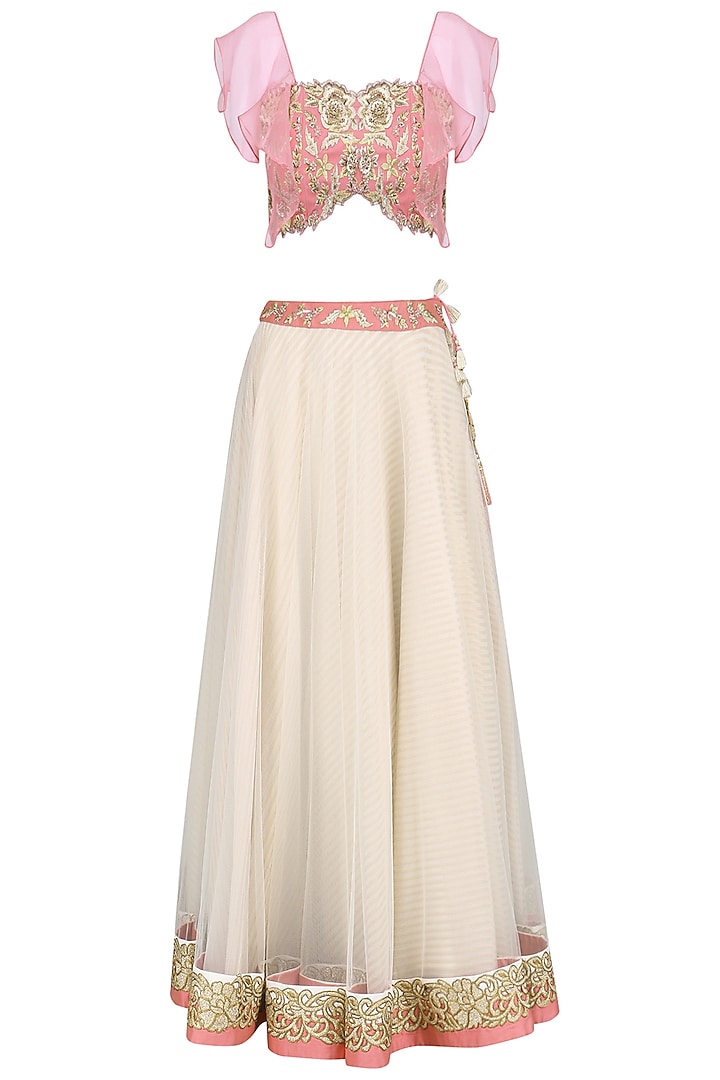 Pink and Ivory Embroidered Lehenga Set by Virsa