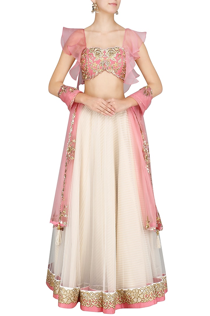 Pink and ivory embroidered lehenga set available only at Pernia's Pop Up Shop.