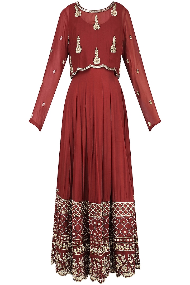 Maroon Embroidered Anarkali with Cape Set by Virsa