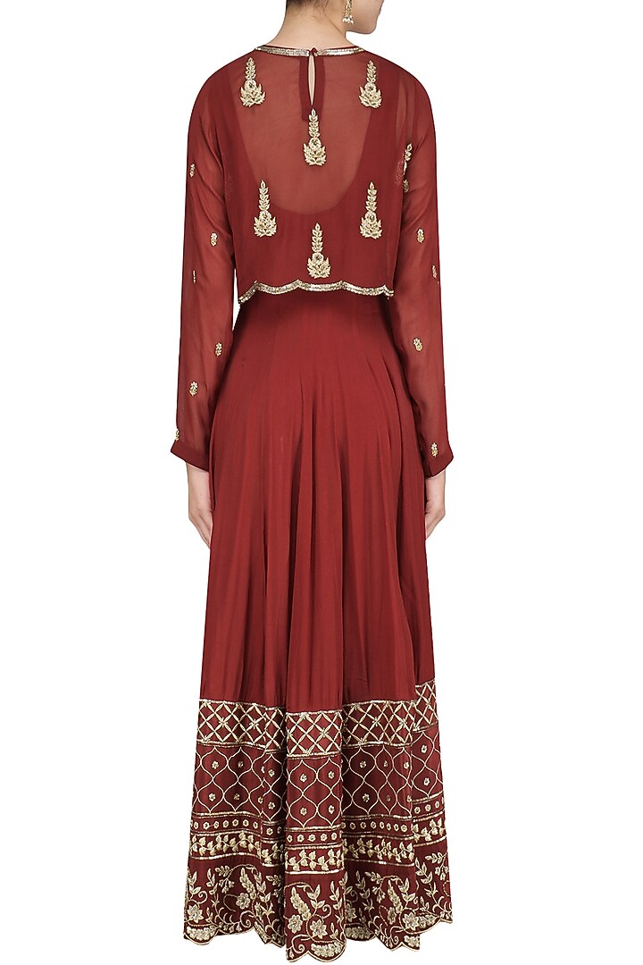 Maroon embroidered anarkali with cape set available only at Pernia's Pop Up Shop.